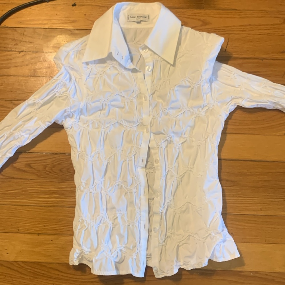 ANNE FONTAINE PARIS FRANCE WHITE BLOUSE WITH PUCKERED GATHERED DETAIL - Picture 11 of 13